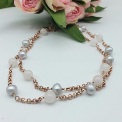 Collana Argento Perle Coltivate E Quarzo Rosa