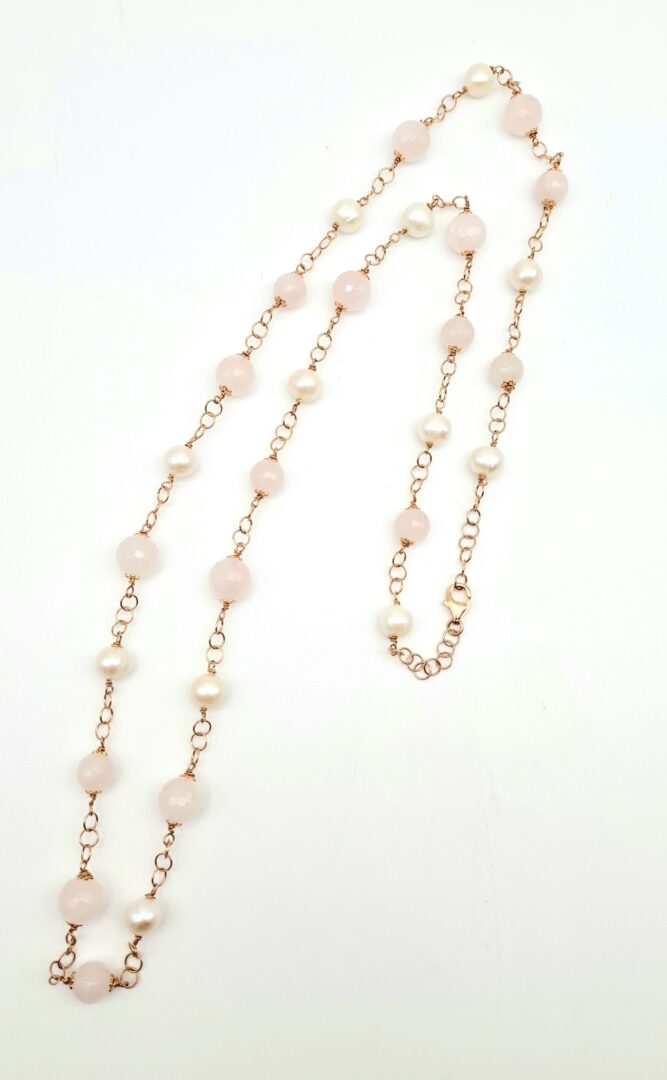Collana Quarzo Rosa Perle Bianche E Argento Rosa - immagine 2