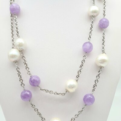 Collana Perle Bianche E Ametista In Argento Rodiato