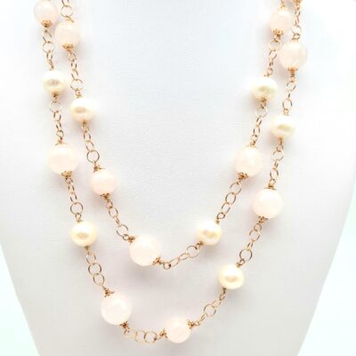 Collana Quarzo Rosa Perle Bianche E Argento Rosa