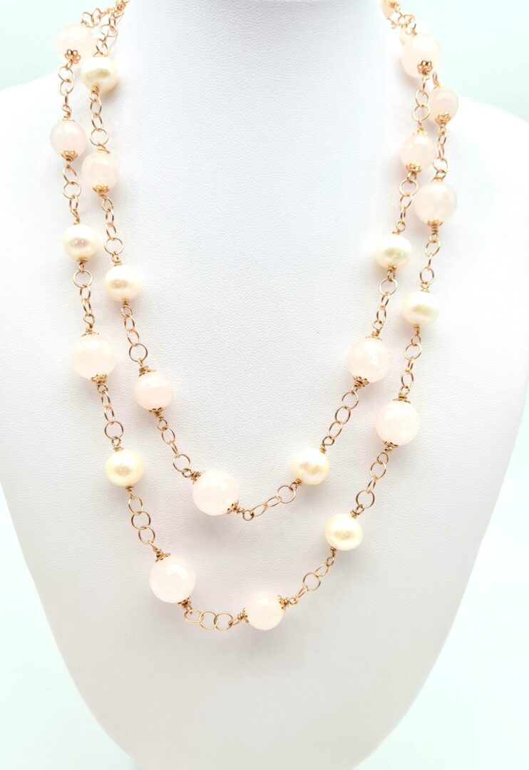 Collana Quarzo Rosa Perle Bianche E Argento Rosa