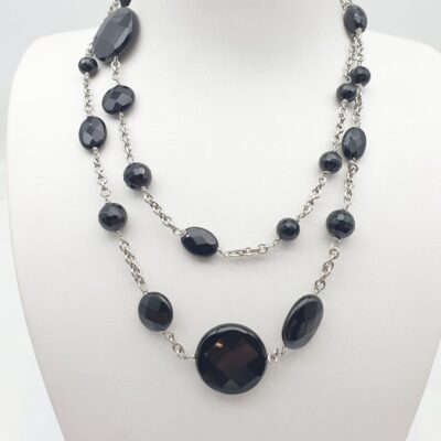 Collana Lunga in Argento Rodiato e Onice Nero