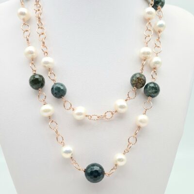 Collana In Argento Rosa Con Agata E Perle Coltivate In Acqua Dolce