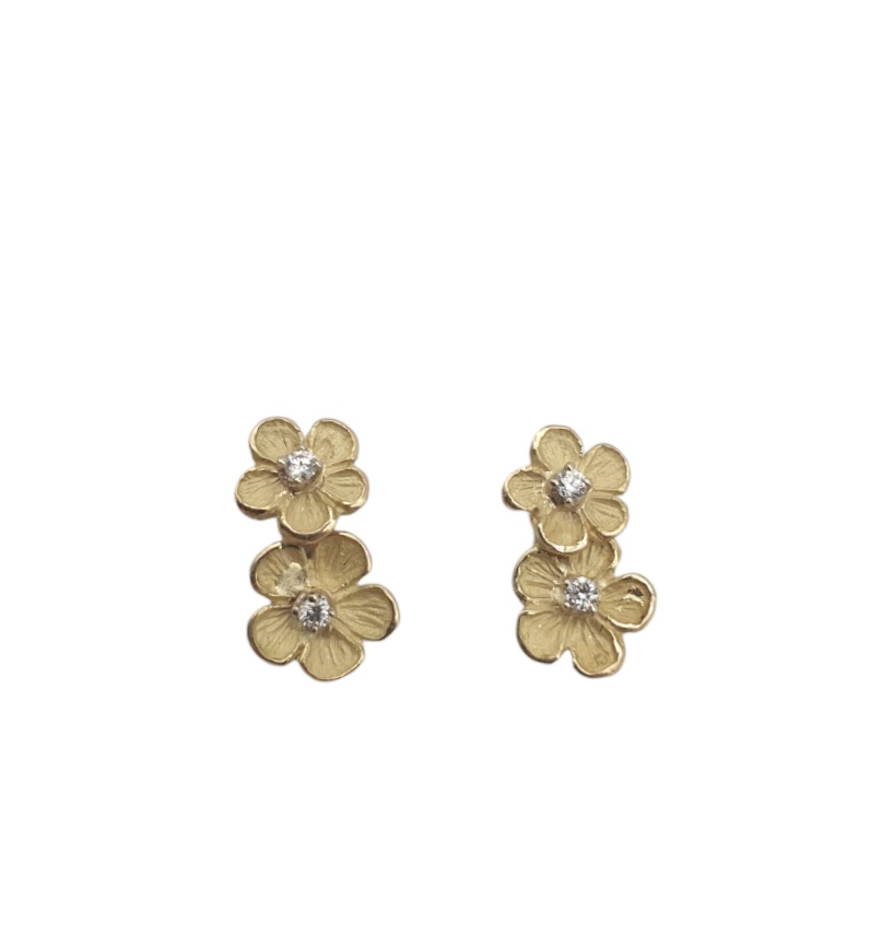 Orecchini In Giallo 750 2 Fiori Con Diamanti