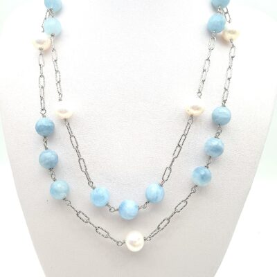 Collana Lunga In Argento Con Acquamarina E Perle
