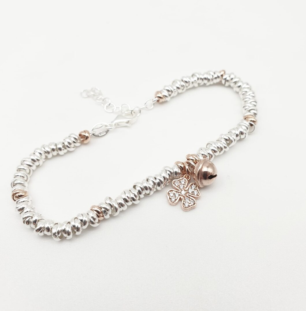 Bracciale Argento Bicolore Donna Con Quadrifoglio Pendente