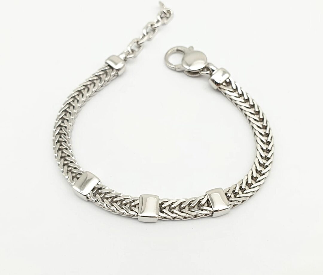 Bracciale Uomo Argento Maglia Treccia Piatta Con Inserti