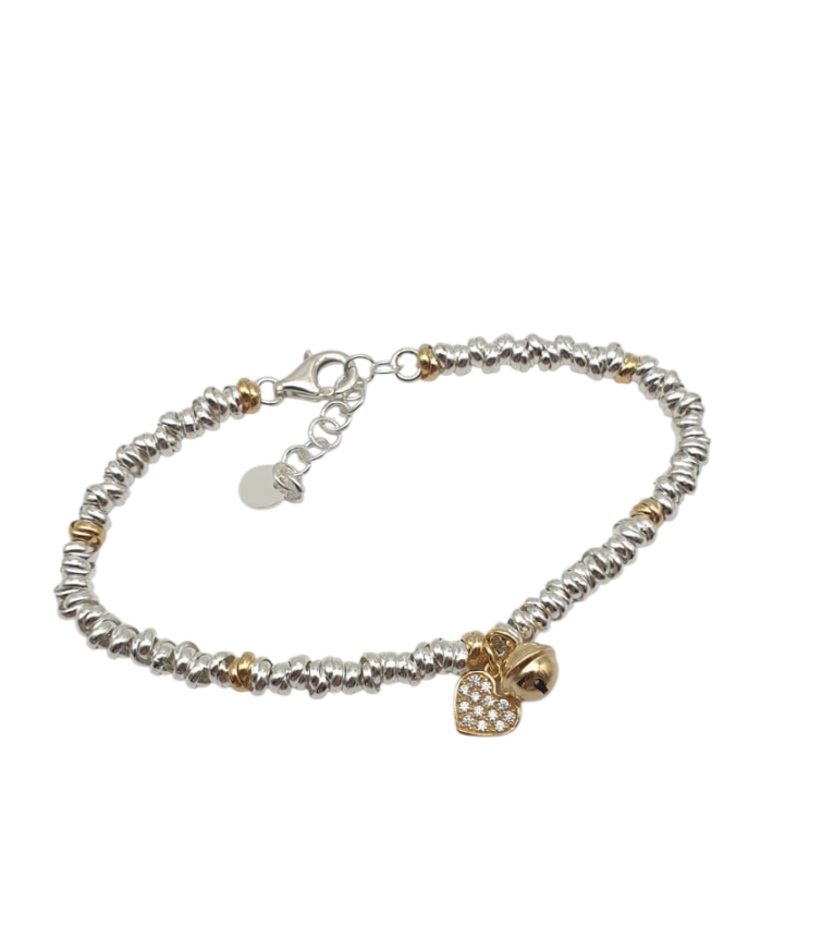 Bracciale Argento Bicolore Donna Con Cuore Pendente e Campanellino