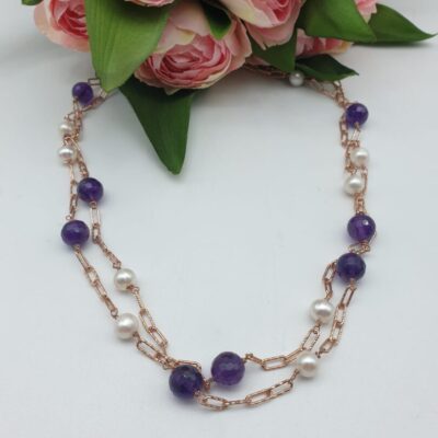 Collana Lunga In Argento Rosa Con Ametista E Perle Coltivate