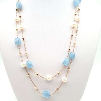 Collana Lunga In Argento Rosa Con Acquamarina E Perle Coltivate