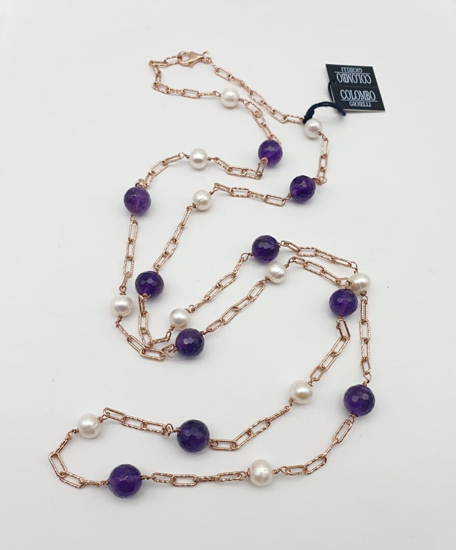 Collana Lunga In Argento Rosa Con Ametista E Perle Coltivate - immagine 2