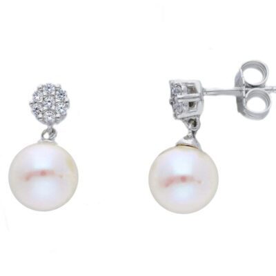 Orecchini In Oro Bianco 750 Pendenti Con Perle E Zirconi