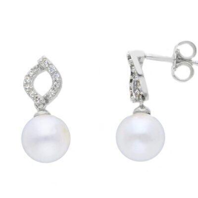 Orecchini In Oro Bianco 750 Pendenti Con Perle e Zirconi