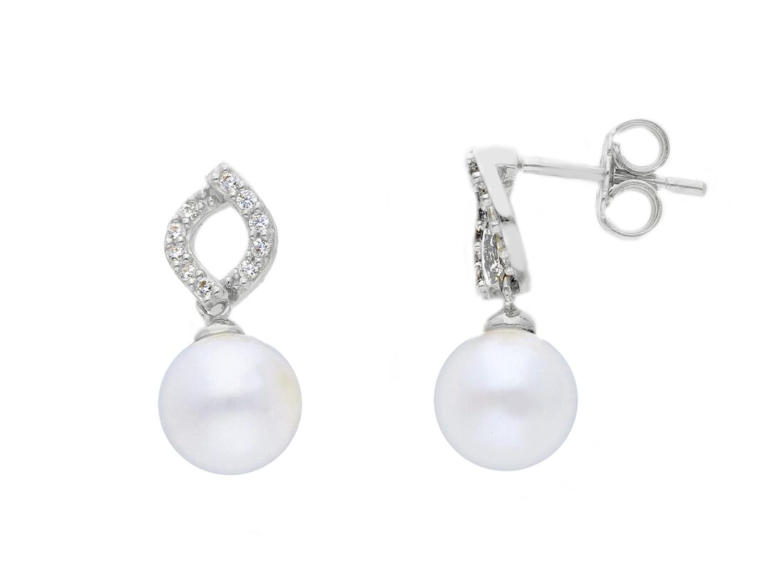 Orecchini In Oro Bianco 750 Pendenti Con Perle e Zirconi