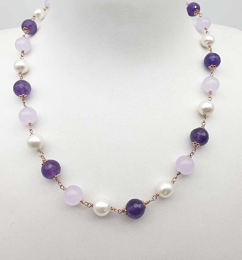 Collana Girocollo In Argento Rosa con Ametista e Perle in acqua Dolce