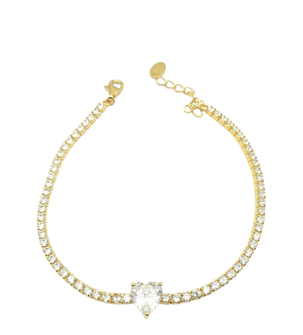 Bracciale Argento Dorato Tennis con Zirconi e Cuore Centrale