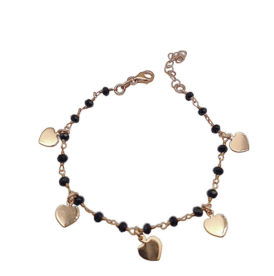 Bracciale Donna con Agata Nera e Cuori pendenti in Argento Rosa