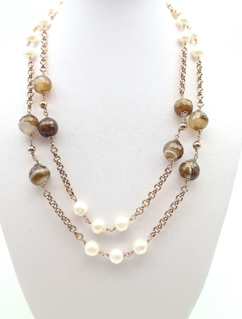Collana in Argento Rosa con Perle e Agata del Madagascar