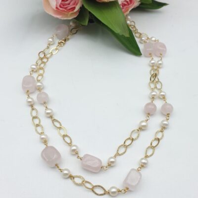 Collana Lunga in Argento Rosa con Perle e Quarzo Rosa