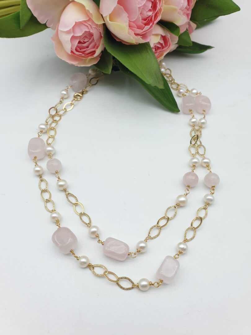 Collana Lunga in Argento Rosa con Perle e Quarzo Rosa