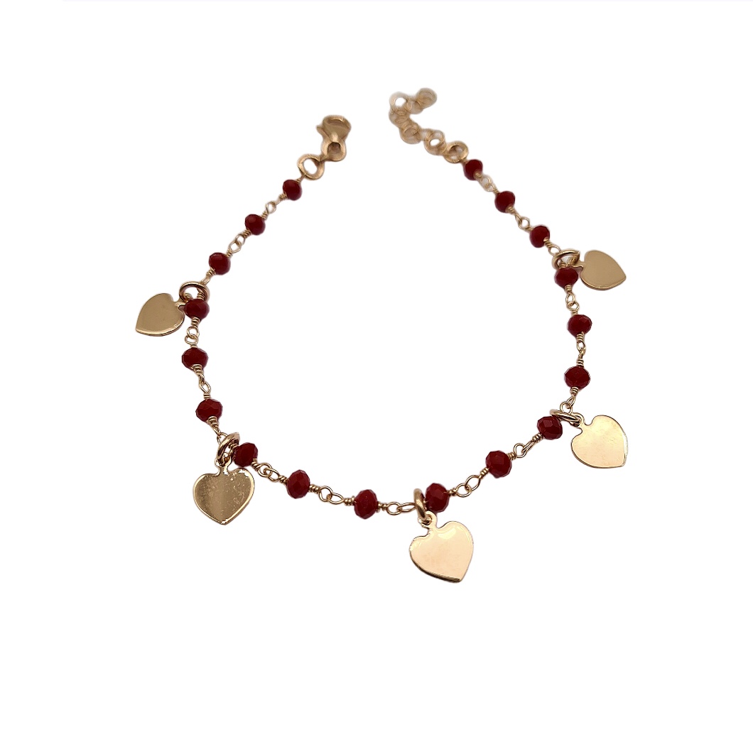 Bracciale Donna con Agata Rossa e Cuori pendenti in Argento Rosa