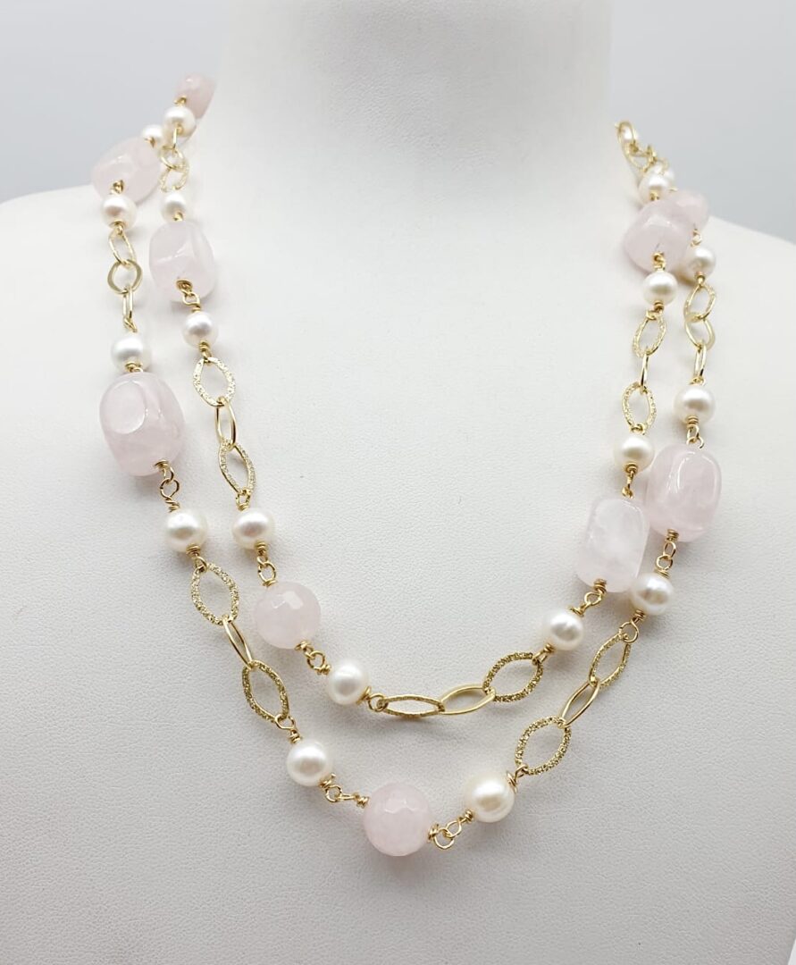 Collana Lunga in Argento Rosa con Perle e Quarzo Rosa - immagine 3