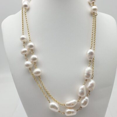 Collana Lunga In Argento Dorato Con Perle d’Acqua Dolce
