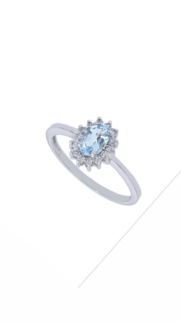 Anello In Oro Bianco750 Con Acquamarina e Contorno di Diamanti
