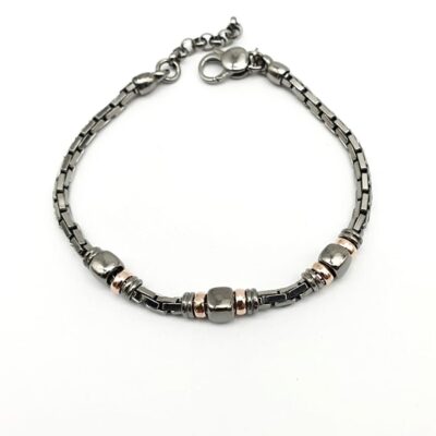 Bracciale Uomo Argento Brunito Maglia Squadrata con Inserto Centrale Bicolor