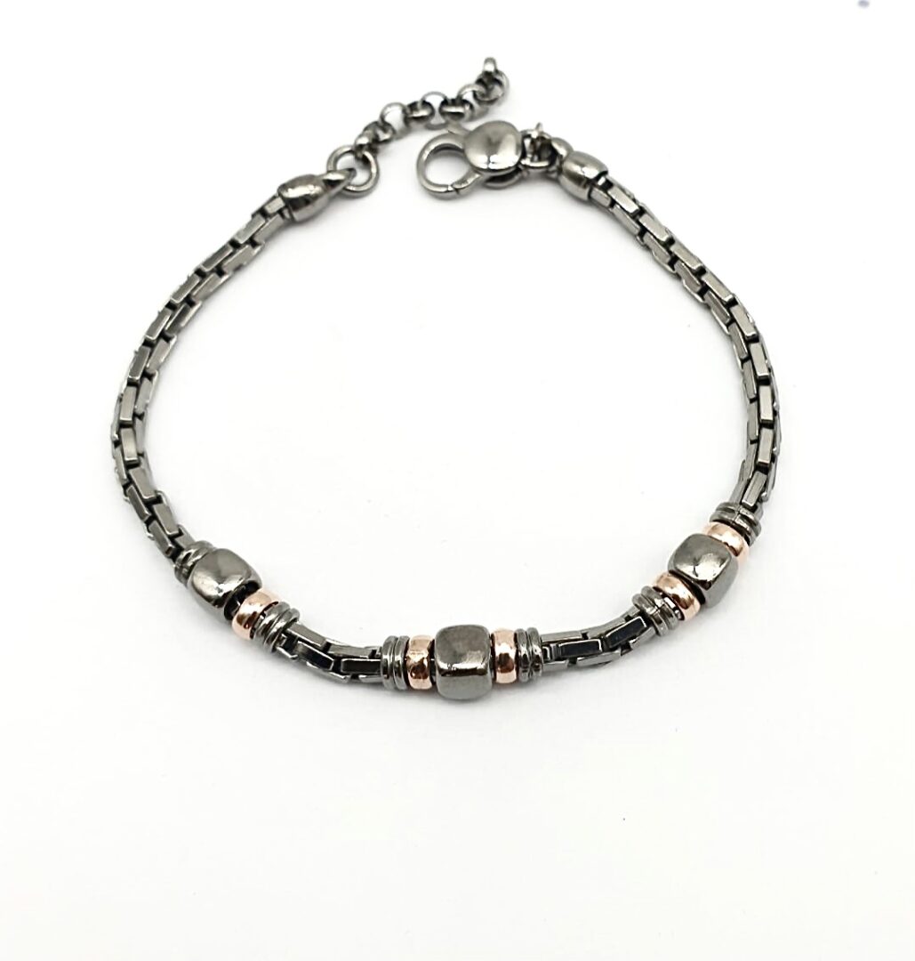 Bracciale Uomo Argento Brunito Maglia Squadrata con Inserto Centrale Bicolor