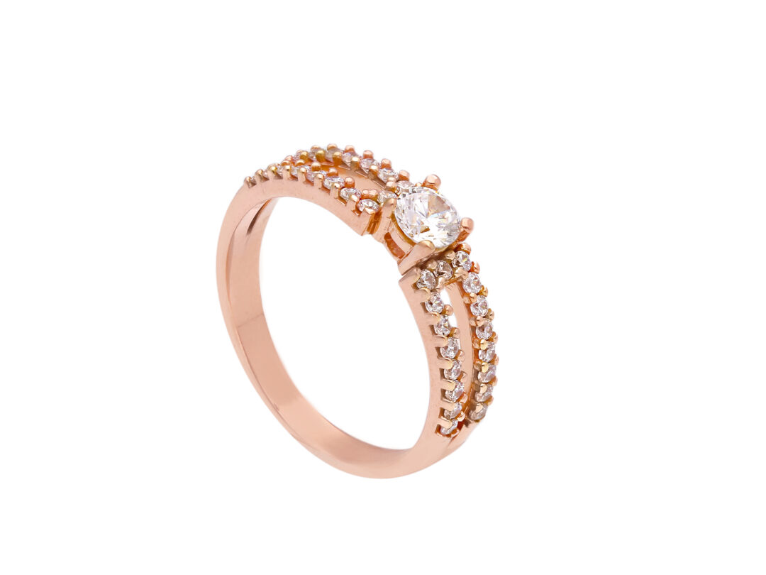 Anello a Fedina con Pietra Centrale in Oro Rosa 750 con Zirconi