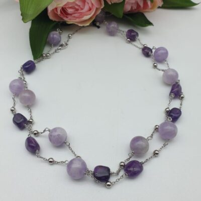 Collana Lunga in Argento Rodiato con Ametista