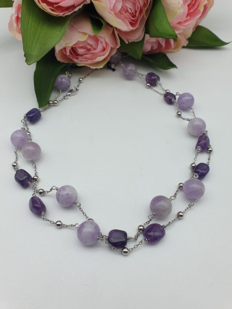 Collana Lunga in Argento Rodiato con Ametista