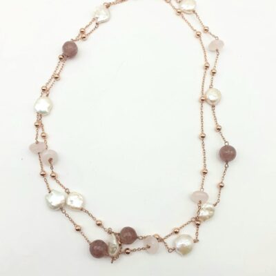 Collana Lunga in Argento Rosa con Perle, Quarzo Rosa e Quarzo Sole