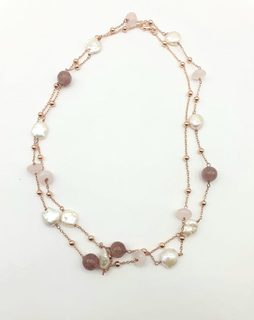 Collana Lunga in Argento Rosa con Perle, Quarzo Rosa e Quarzo Sole