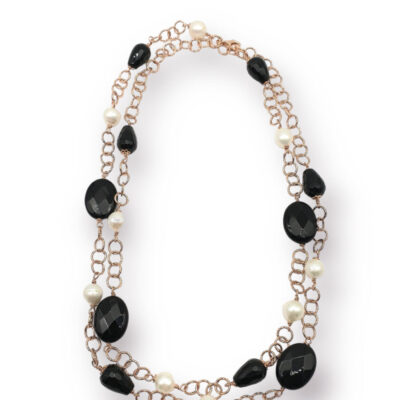 Collana Lunga in Argento Rosa con Perle e Onice Nero