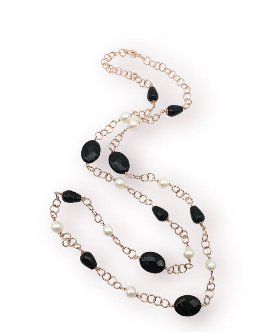 Collana Lunga in Argento Rosa con Perle e Onice Nero - immagine 2