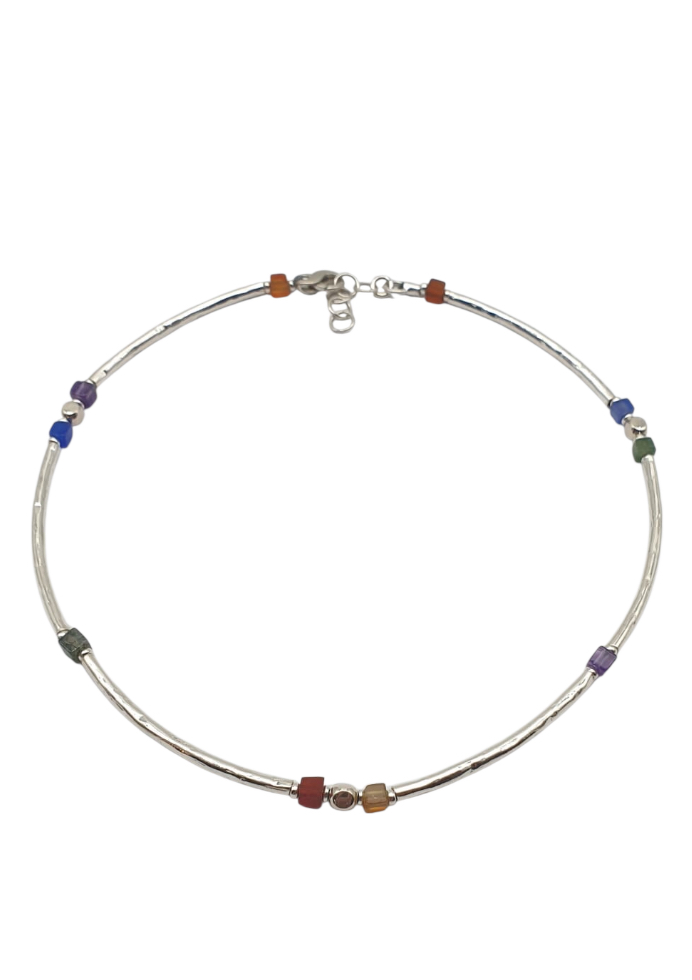 Girocollo Athena Antille In Argento Naturale Semirigido con Pietre Dure Multicolor
