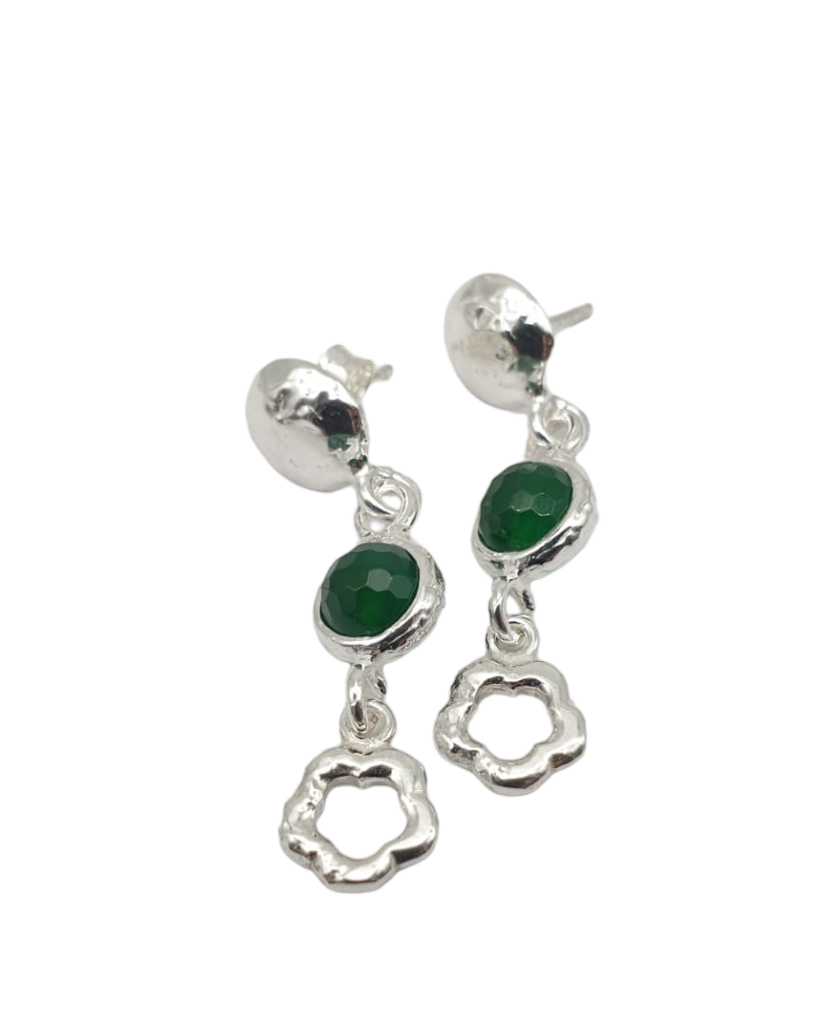 Orecchini Athena Gaia a Lobo In Argento Naturale con Fiori e Agata Verde