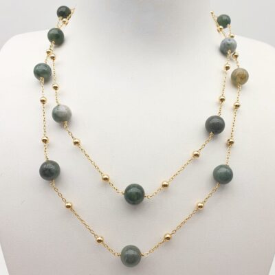 Collana Lunga In Argento Dorato con Quarzo Indiano Verde