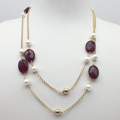 Collana Lunga In Argento Dorato con Quarzo Cherry e Perle d’acqua Dolce