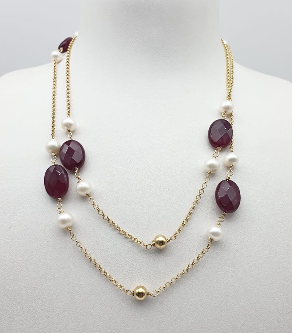 Collana Lunga In Argento Dorato con Quarzo Cherry e Perle d’acqua Dolce