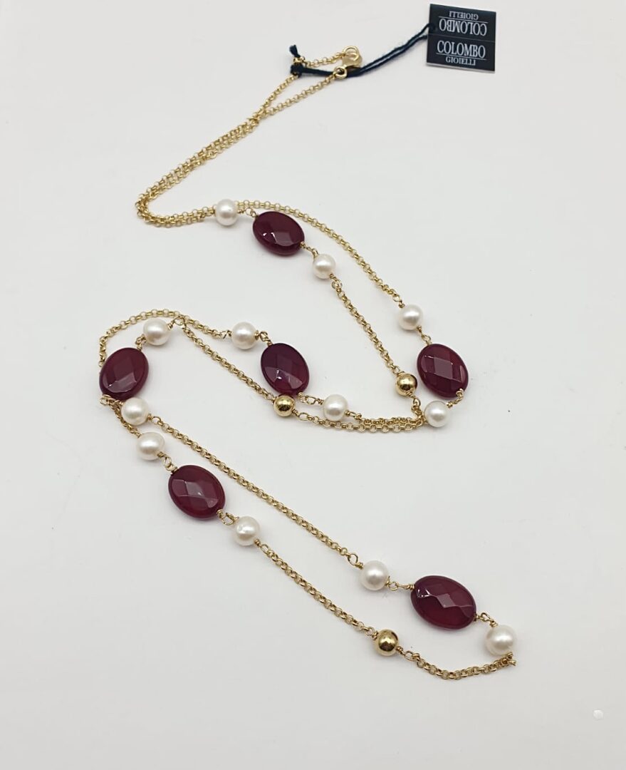 Collana Lunga In Argento Dorato con Quarzo Cherry e Perle d’acqua Dolce - immagine 2