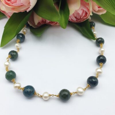 Collana Girocollo In Argento Dorato con Agata Verde e Perle d’acqua dolce