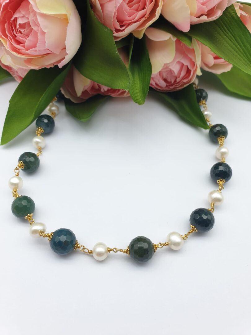 Collana Girocollo In Argento Dorato con Agata Verde e Perle d’acqua dolce
