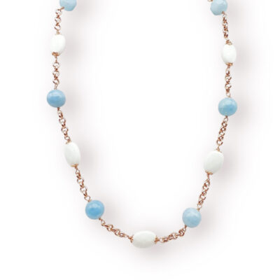 Collana Girocollo In Argento Rosa con Acquamarina e Agata Bianca
