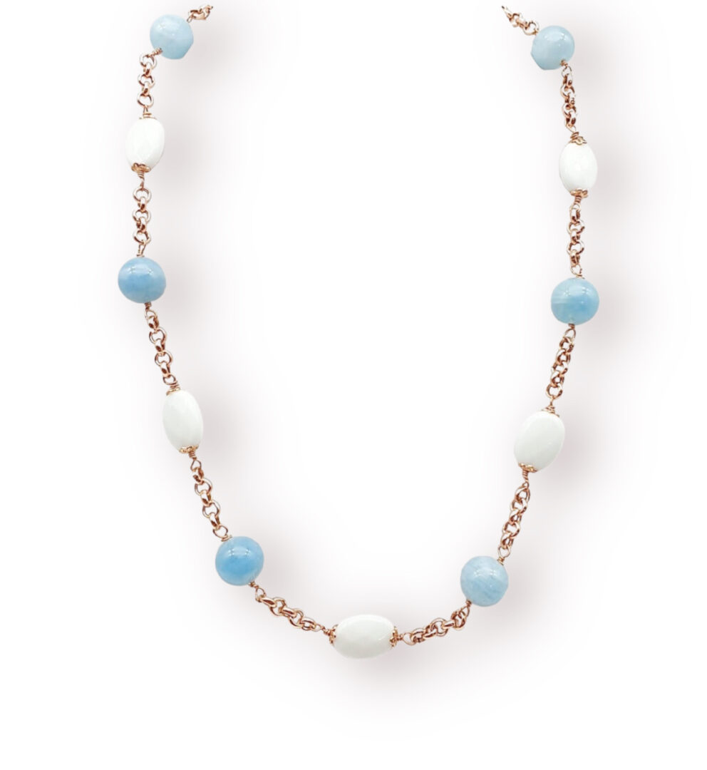 Collana Girocollo In Argento Rosa con Acquamarina e Agata Bianca
