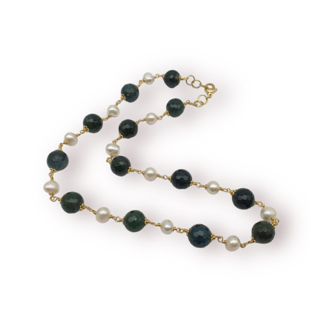 Collana Girocollo In Argento Dorato con Agata Verde e Perle d’acqua dolce - immagine 2