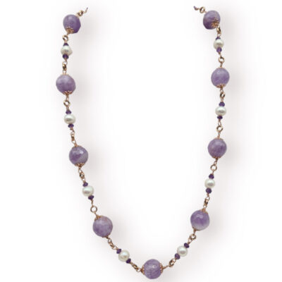 Collana Girocollo In Argento Rosa con Ametista e Perle d’acqua Dolce