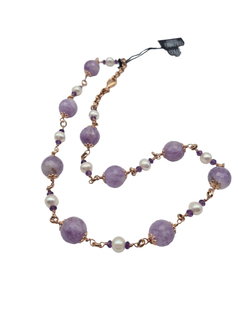 Collana Girocollo In Argento Rosa con Ametista e Perle d’acqua Dolce - immagine 2